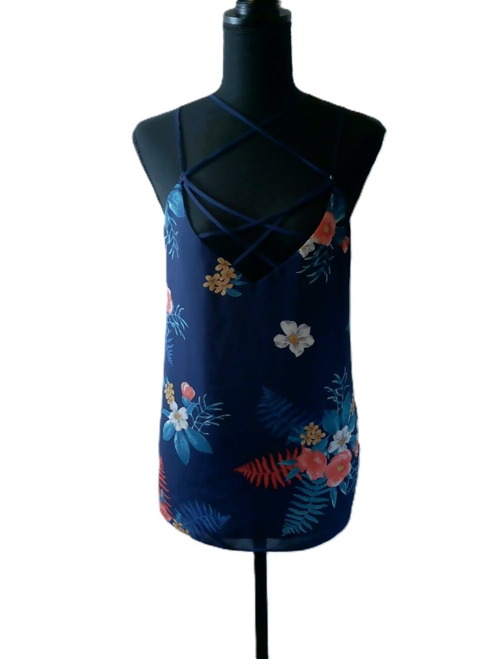 Express Womens Cami Top XL Blue Floral Strappy Straps Lattice Neck Cami Sleevele